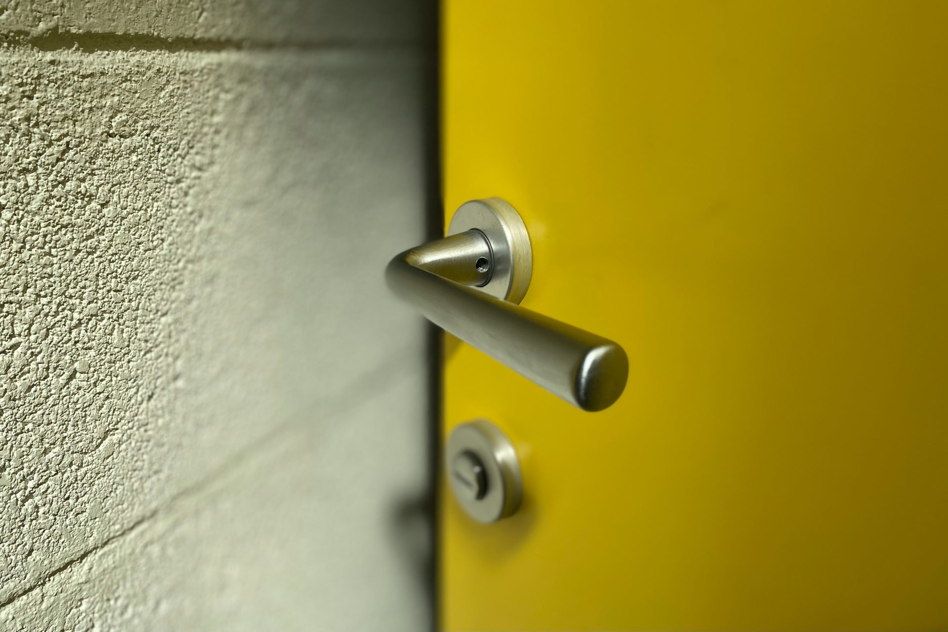 stainless steel door lever on brown wooden door